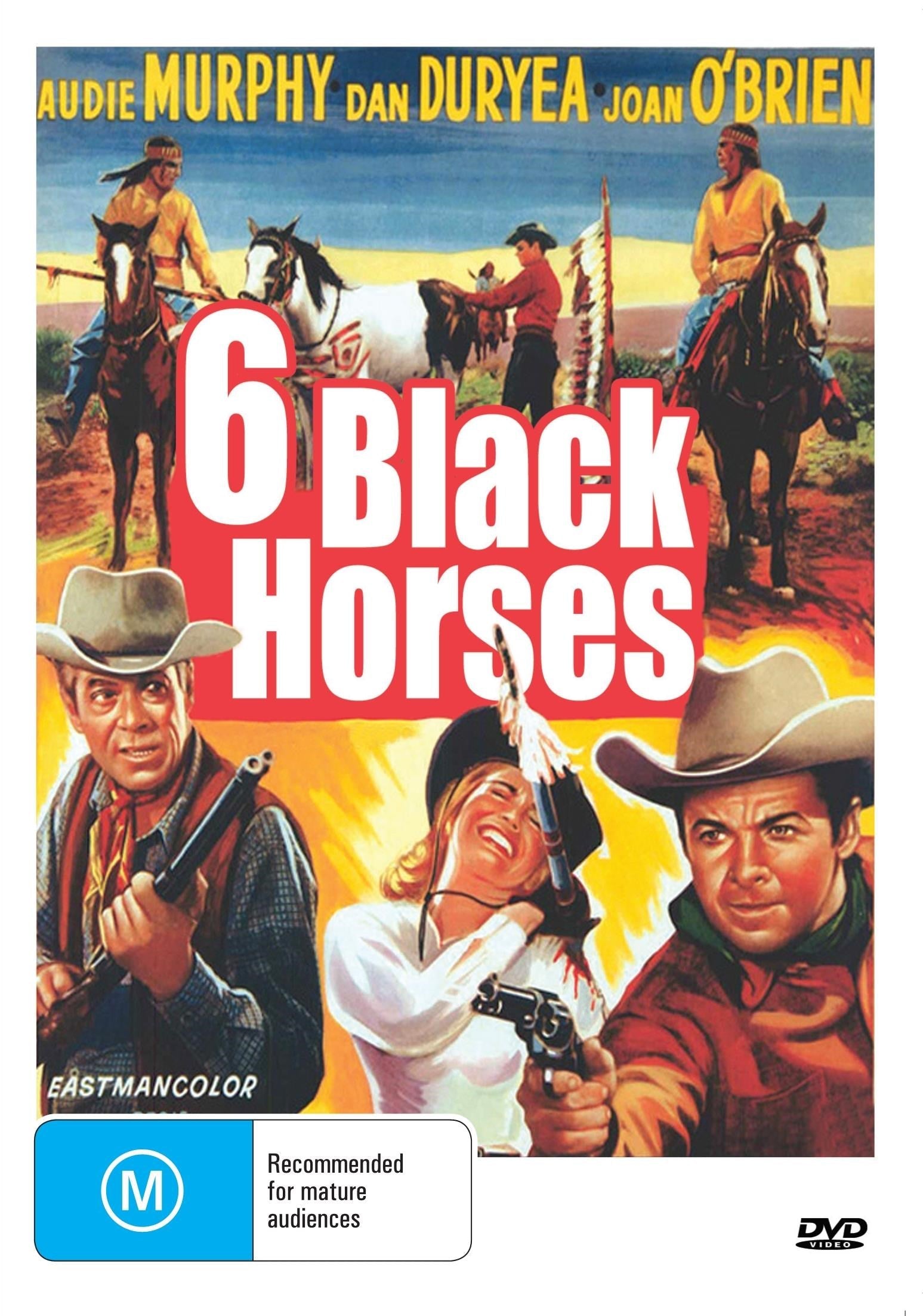 Six Black Horses DVD featuring Audie Murphy and Dan Duryea, drama film with black horses on the cover.