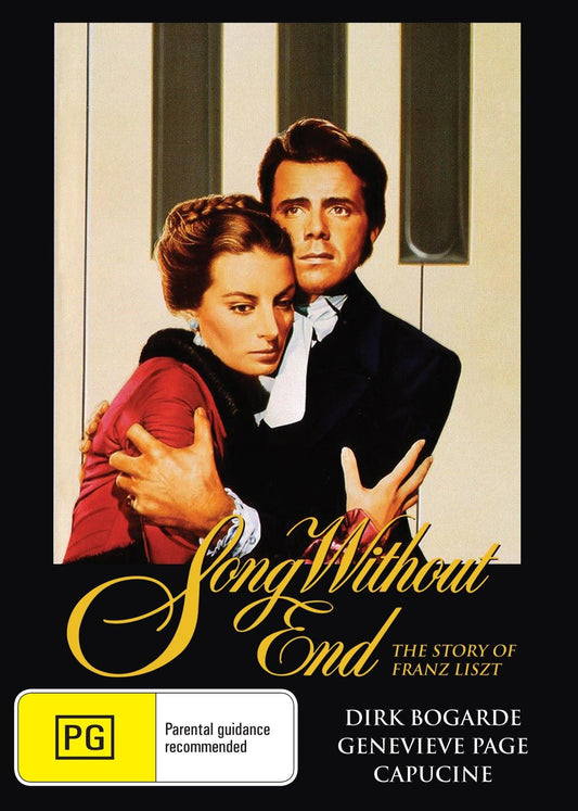DVD cover of "Song Without End" featuring Dirk Bogarde and Capucine, a classic music-themed film.