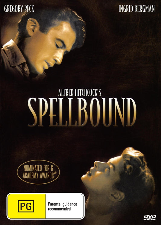 DVD cover of "Spellbound" featuring Ingrid Bergman and Gregory Peck, showcasing the mystery film in a vintage style.