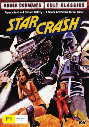 Star Crash DVD featuring action scenes with Marjoe Gortner and Caroline Munro, collectible sci-fi movie from Rare and Collectible DVDs.