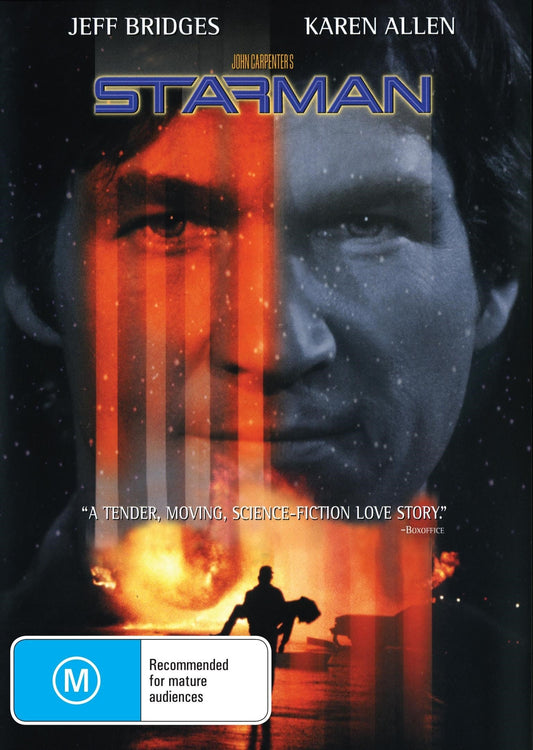 DVD cover of the romantic film Starman starring Jeff Bridges and Karen Allen with artwork featuring the characters.