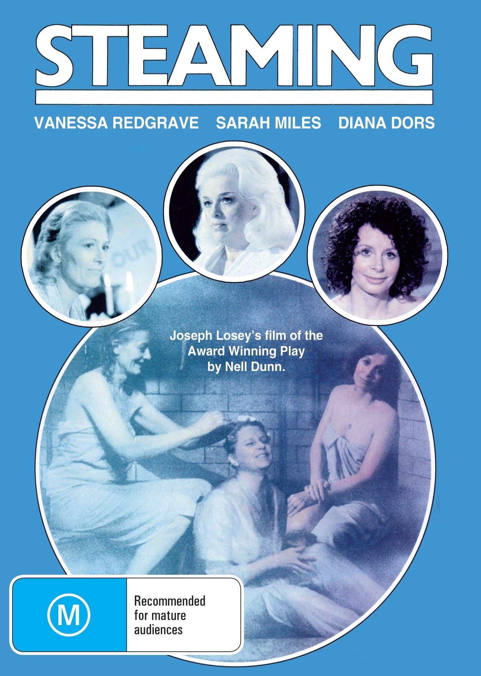 DVD cover for the drama "Steaming" featuring Vanessa Redgrave and Sarah Miles, available for streaming and download.