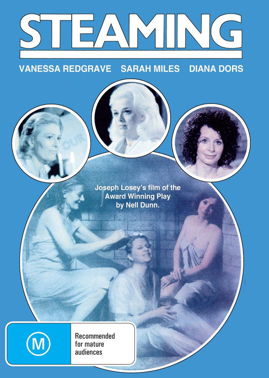DVD cover for the drama "Steaming" featuring Vanessa Redgrave and Sarah Miles, available for streaming and download.