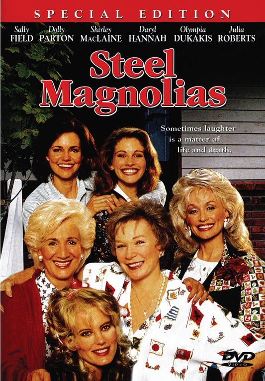 Steel Magnolias DVD featuring Shirley MacLaine and Olympia Dukakis, comedy film with cast photos on the cover.