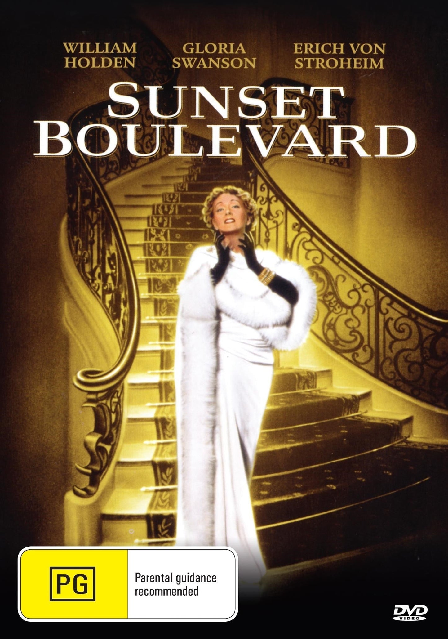 DVD cover of Sunset Boulevard drama featuring William Holden and Gloria Swanson, showcasing iconic characters and vintage film poster style.