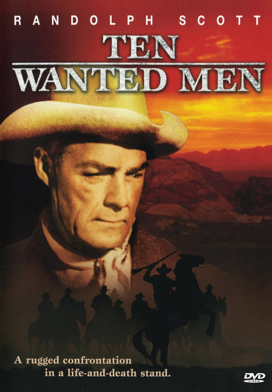DVD cover of Ten Wanted Men featuring Randolph Scott and Jocelyn Brando, showcasing a romantic Western film.