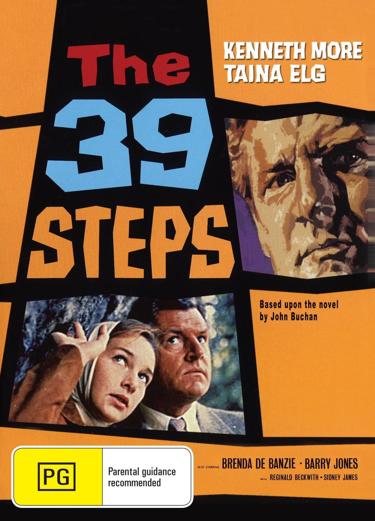 DVD cover of The 39 Steps crime film featuring Kenneth More and Taina Elg, showcasing the movie's title and main actors.