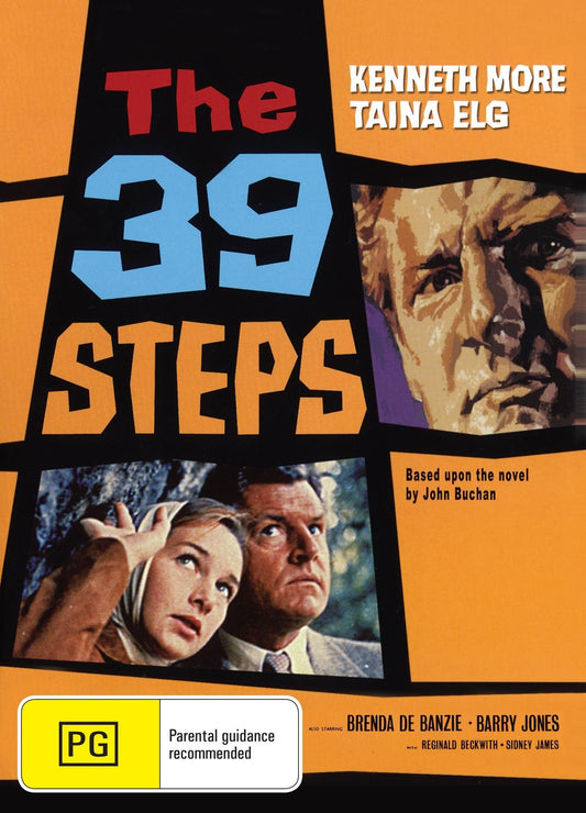 DVD cover of The 39 Steps crime film featuring Kenneth More and Taina Elg, showcasing the movie's title and main actors.