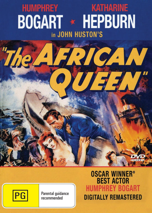 DVD cover of The African Queen drama featuring Humphrey Bogart and Katharine Hepburn, available from rareandcollectibledvds.
