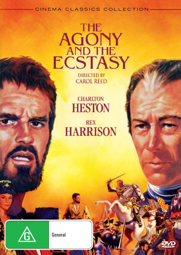 DVD cover for "The Agony and the Ecstasy," a biography starring Charlton Heston and Rex Harrison, from Rare and Collectible DVDs.