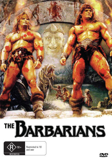The Barbarians DVD featuring action stars David Paul and Peter Paul, displayed in a plastic case with cover art visible.