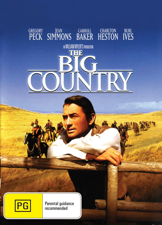 DVD cover of The Big Country drama featuring Gregory Peck and Jean Simmons, showcasing the movie's vintage poster design.