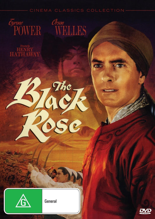 DVD cover of "The Black Rose" featuring Tyrone Power and Orson Welles, showcasing historical adventure film on a collectible DVD.