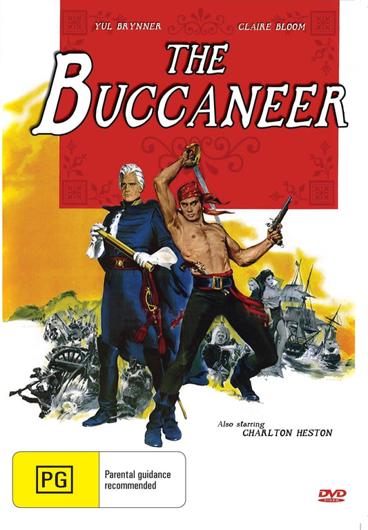 DVD cover of "The Buccaneer" featuring Yul Brynner and Claire Bloom, a romance film available from rareandcollectibledvds.