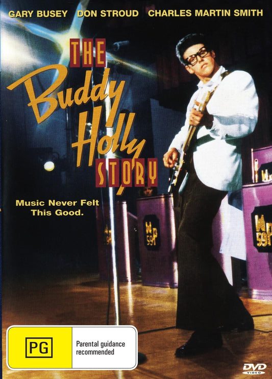DVD cover of The Buddy Holly Story featuring Gary Busey and Don Stroud, comedy film from Rare and Collectible DVDs.
