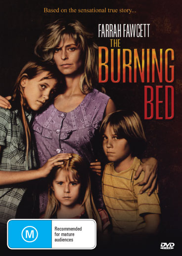 DVD cover of The Burning Bed biography featuring Farrah Fawcett and Paul Le Mat, with images of the actors and DVD title.