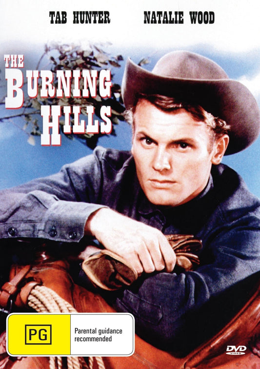 Western DVD titled The Burning Hills featuring Tab Hunter and Natalie Wood, displayed in a protective case.