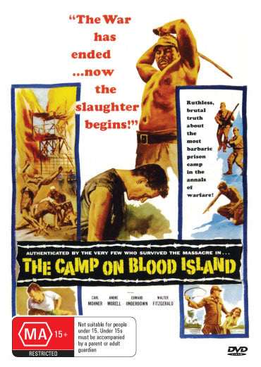 DVD cover of The Camp on Blood Island featuring André Morell and Carl Möhner, in an action-themed design with vivid imagery.
