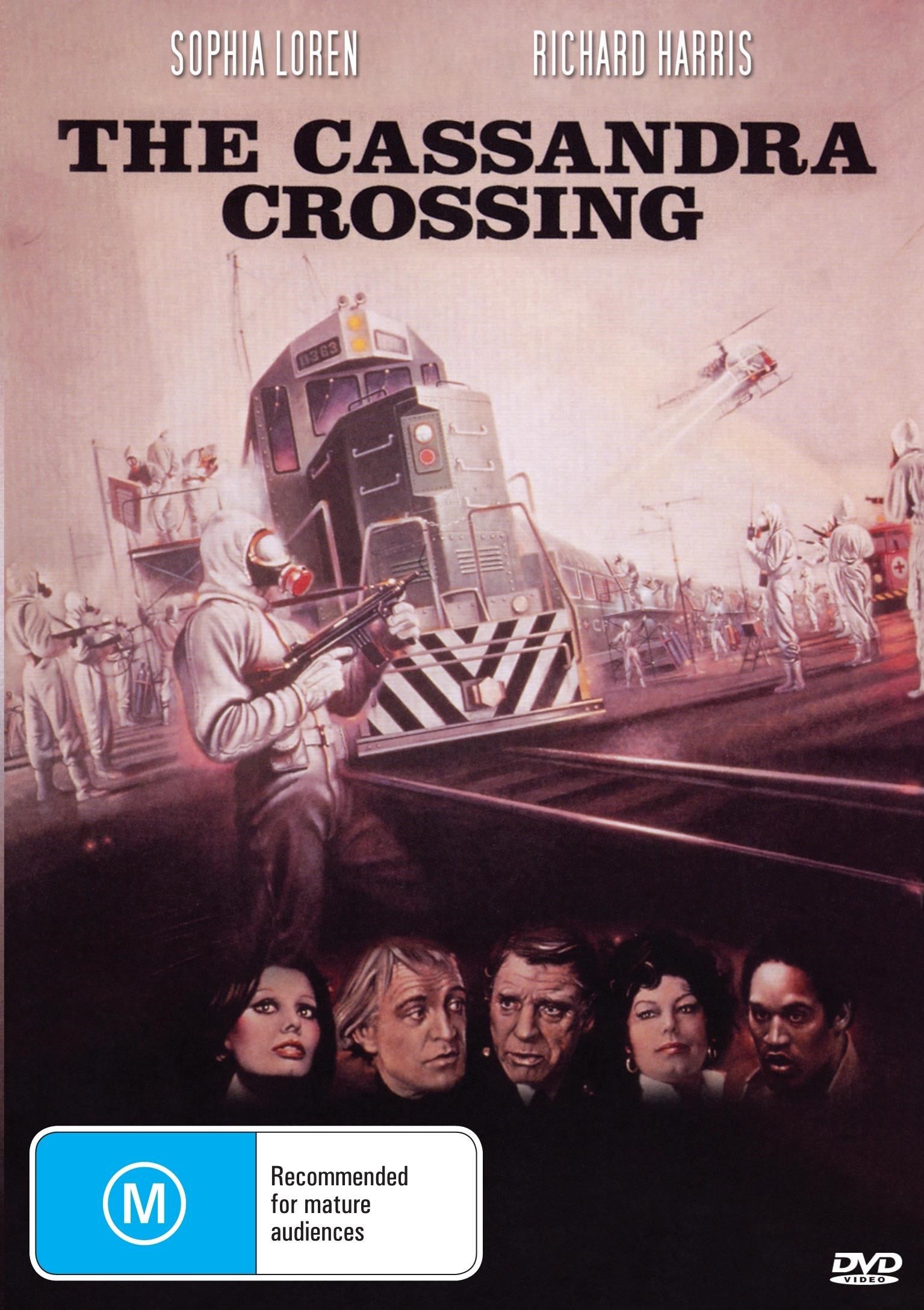 DVD cover of The Cassandra Crossing thriller with Sophia Loren and Richard Harris, featuring a dramatic train scene.