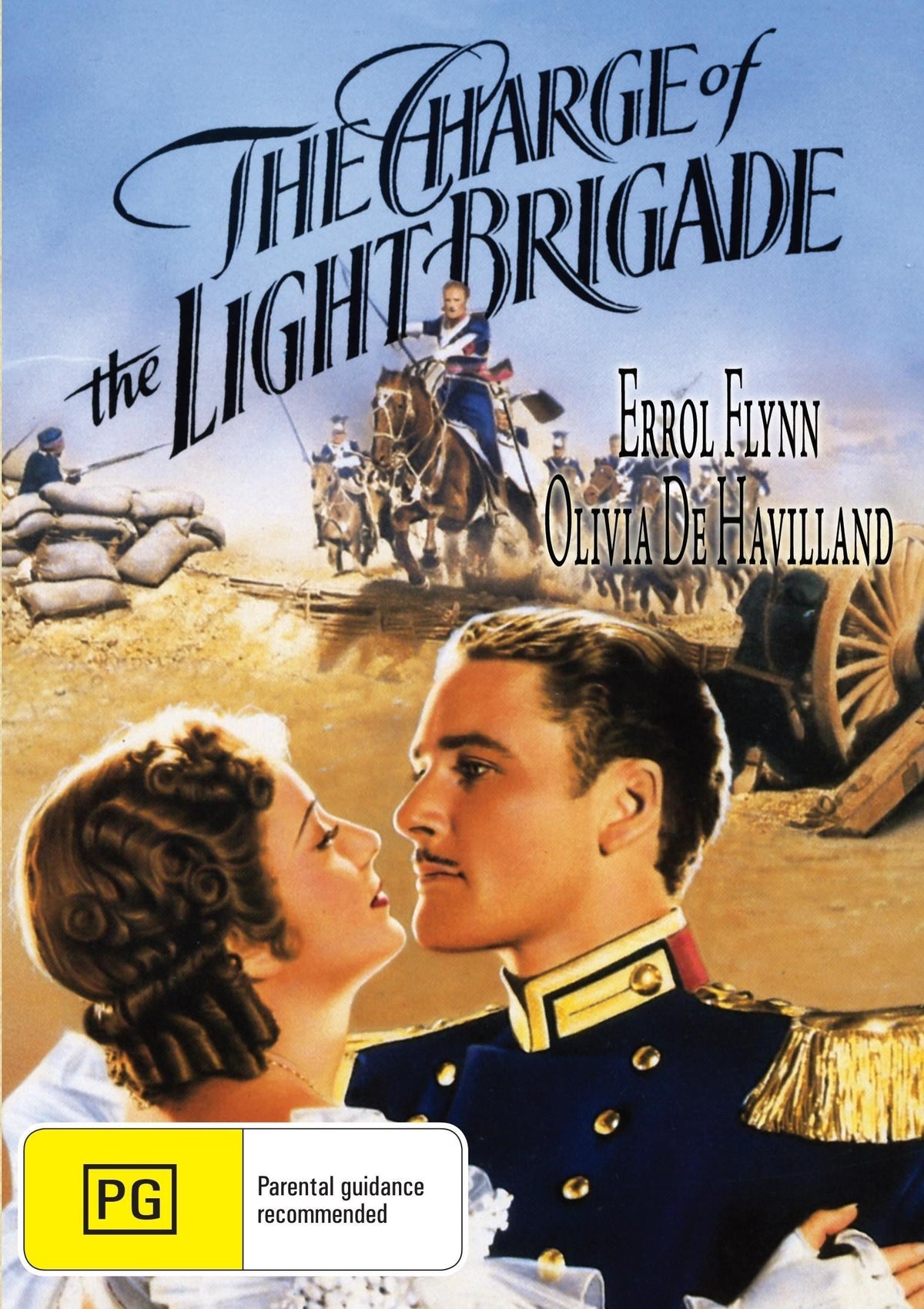 DVD cover of "The Charge of the Light Brigade" featuring Errol Flynn and Olivia de Havilland, adventure film from rareandcollectibledvds.