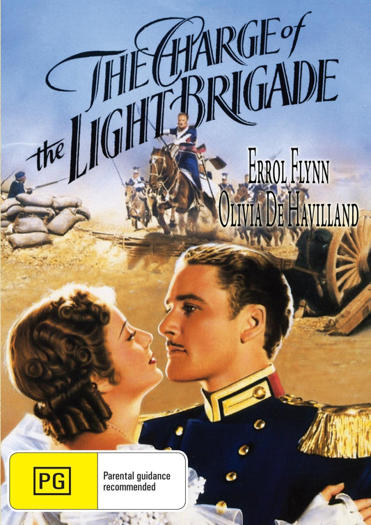 DVD cover of "The Charge of the Light Brigade" featuring Errol Flynn and Olivia de Havilland, adventure film from rareandcollectibledvds.