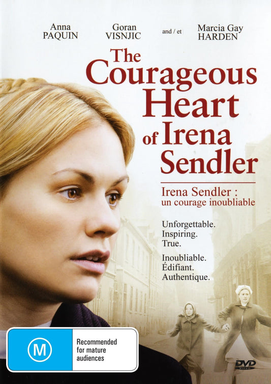 DVD cover of "The Courageous Heart of Irena Sendler" featuring Anna Paquin and Goran Visnjic, biography drama film.
