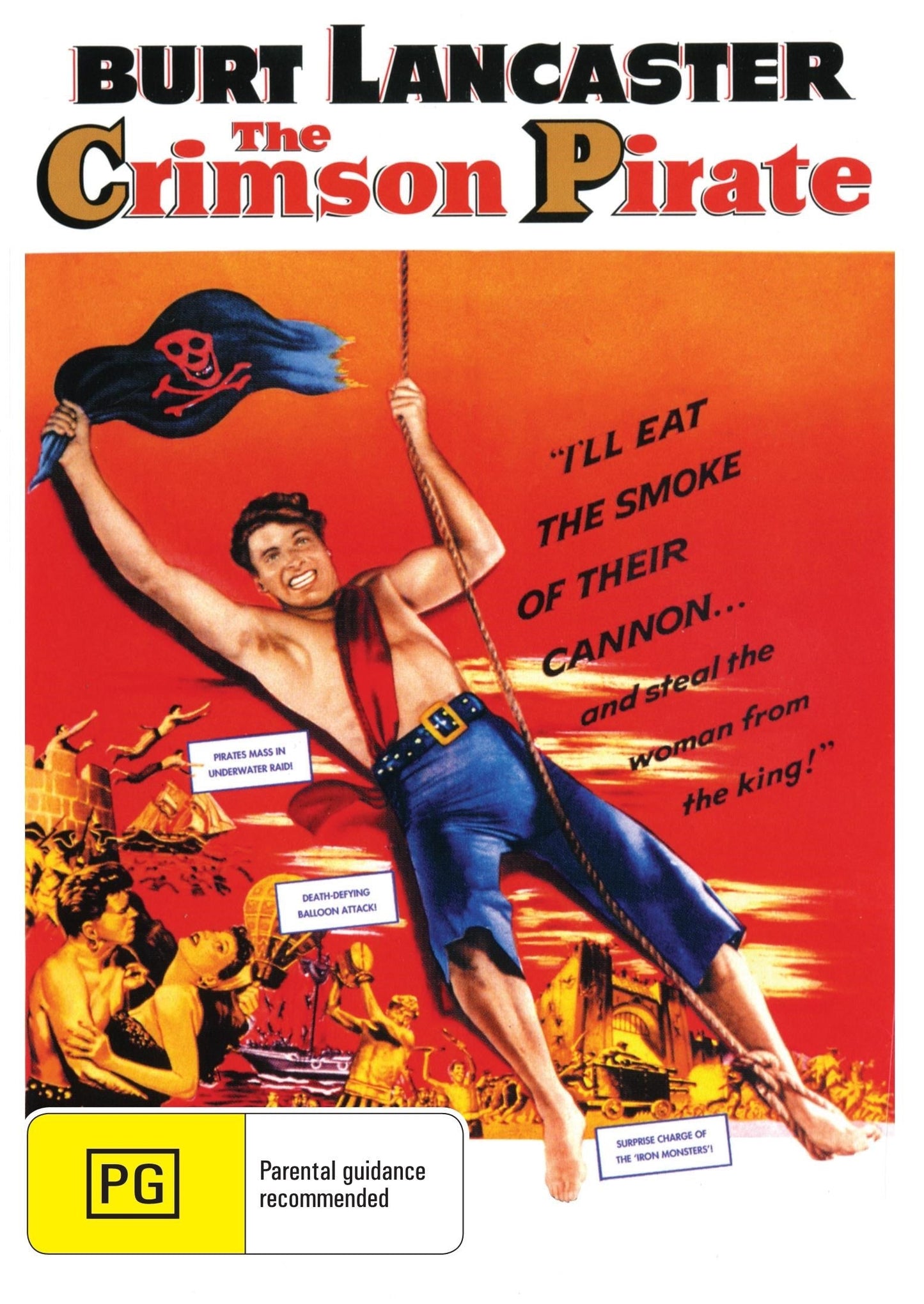 DVD cover of The Crimson Pirate featuring Burt Lancaster and Nick Cravat, showcasing a romantic adventure film.