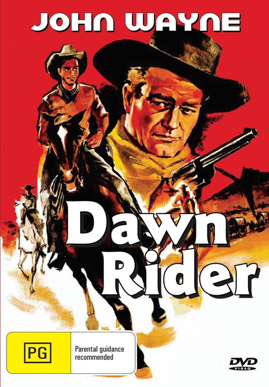 Western DVD titled The Dawn Rider featuring John Wayne and Marion Burns, displayed on a case with cover art.