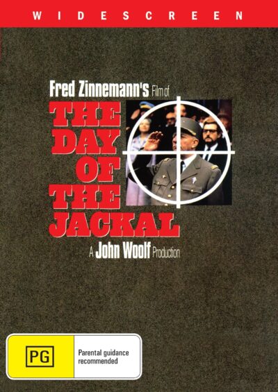 DVD cover of The Day of the Jackal featuring Edward Fox and Terence Alexander, depicting a spy movie with a suspenseful atmosphere.