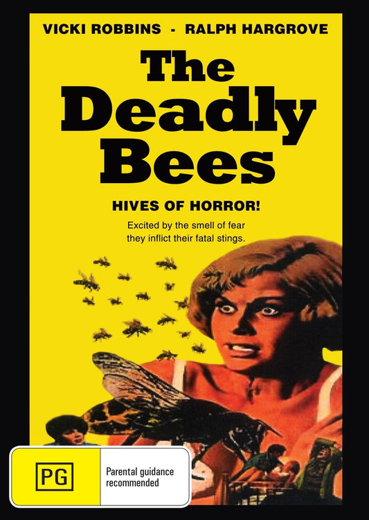 DVD cover of horror film The Deadly Bees featuring Suzanna Leigh and Frank Finlay, showcasing vintage horror movie artwork.
