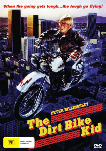 The Dirt Bike Kid DVD featuring Peter Billingsley and Stuart Pankin, showing the DVD cover with colorful imagery and movie title.