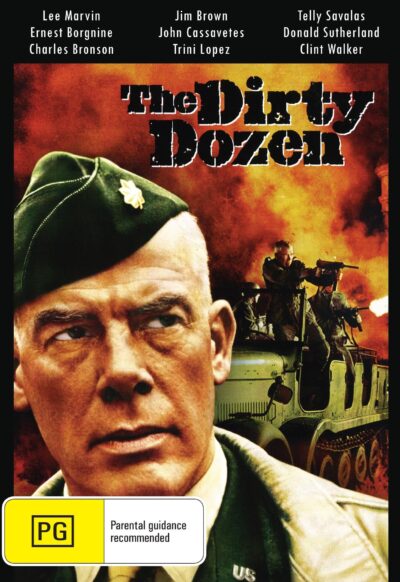 DVD cover of The Dirty Dozen featuring Lee Marvin and Ernest Borgnine, showcasing the war film on a collectible DVD.
