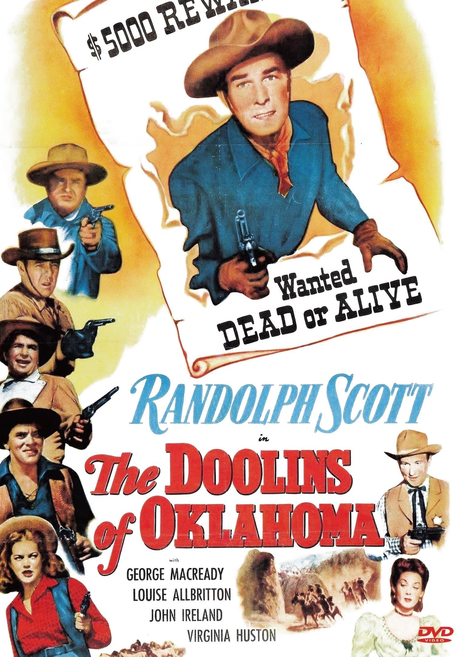 DVD cover of The Doolins of Oklahoma Western with Randolph Scott and George Macready, showing vintage movie poster artwork.