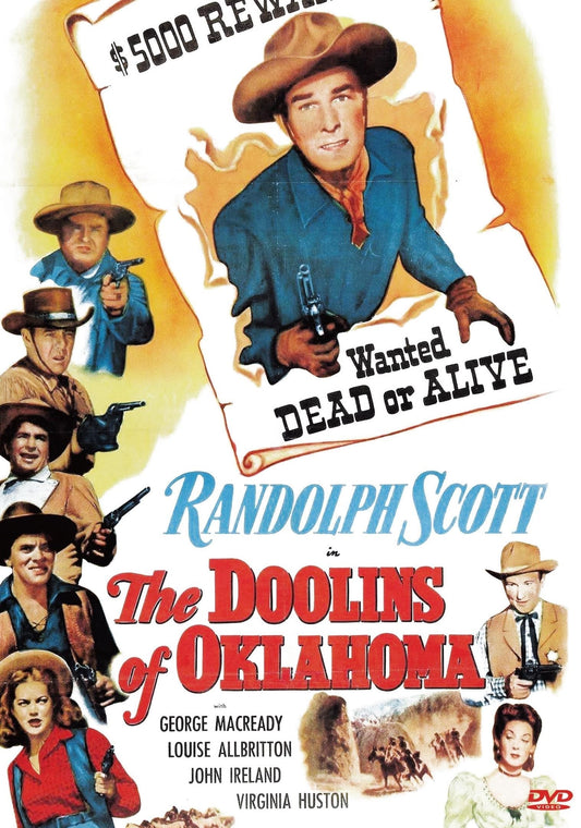 DVD cover of The Doolins of Oklahoma Western with Randolph Scott and George Macready, showing vintage movie poster artwork.