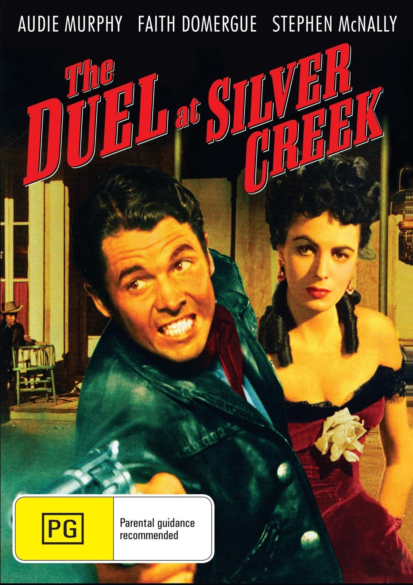 DVD cover of "The Duel at Silver Creek," a Western starring Audie Murphy and Faith Domergue, featuring vintage movie artwork.