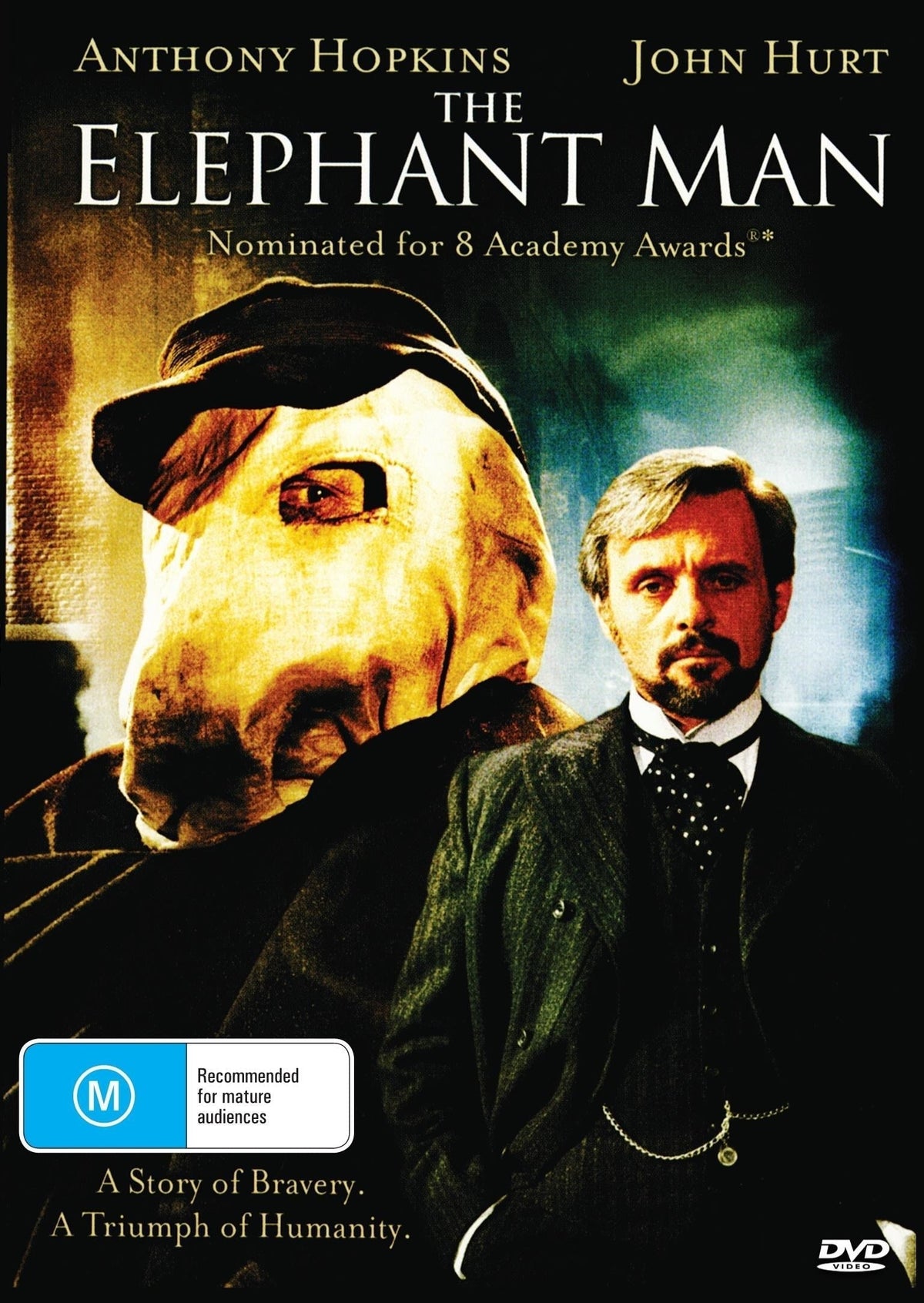 DVD cover of The Elephant Man featuring Anthony Hopkins and John Hurt, showcasing the tragic story and dramatic characters.