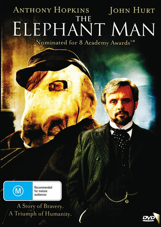 DVD cover of The Elephant Man featuring Anthony Hopkins and John Hurt, showcasing the tragic story and dramatic characters.