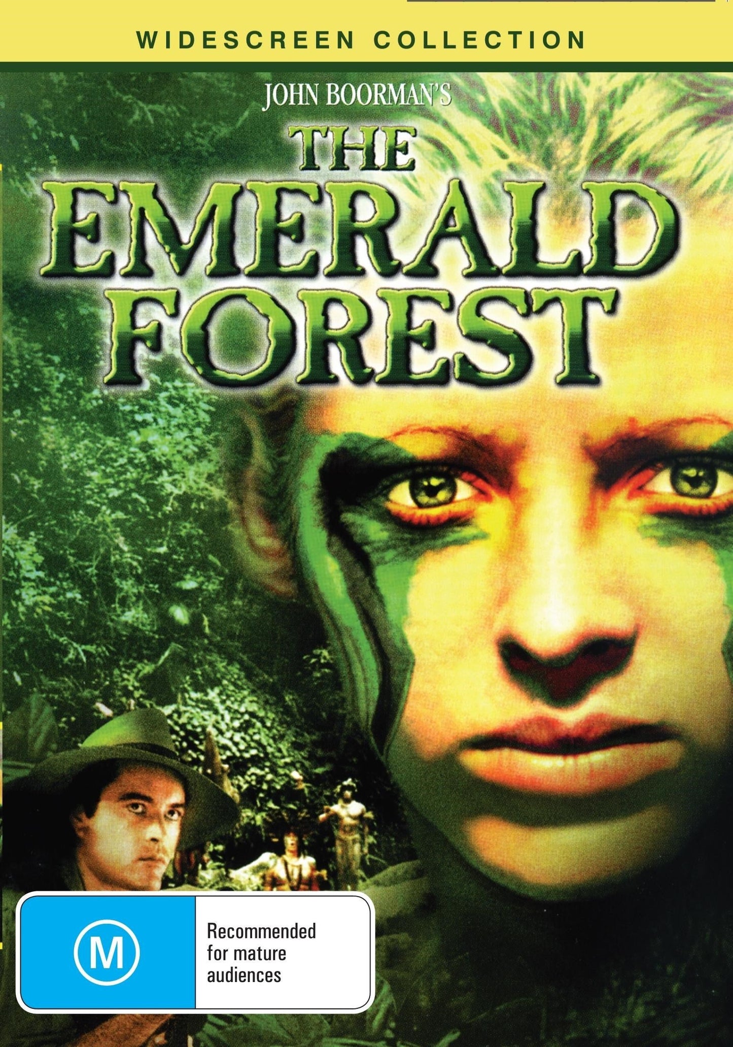 DVD of The Emerald Forest action film featuring Powers Boothe and Meg Foster, displayed with cover art showing jungle scenes and main actors.