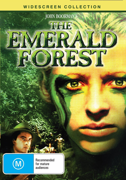 DVD of The Emerald Forest action film featuring Powers Boothe and Meg Foster, displayed with cover art showing jungle scenes and main actors.