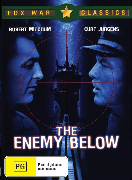 DVD of The Enemy Below drama featuring Robert Mitchum and Curd Jürgens, showcasing the movie cover art with ship and sea scene.