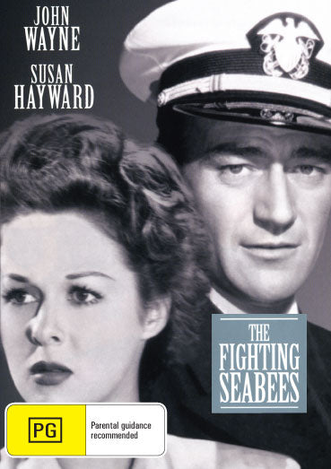 DVD cover of The Fighting Seabees featuring John Wayne and Susan Hayward, with war-themed artwork.