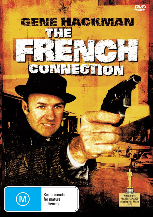 The French Connection DVD featuring Gene Hackman and Roy Scheider in an action scene, with a cover image showing the film's title and characters.