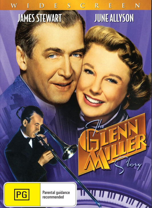 DVD cover of The Glenn Miller Story featuring James Stewart and June Allyson, a romantic drama film.