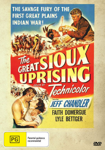 Western DVD titled The Great Sioux Uprising featuring Jeff Chandler and Faith Domergue, displayed with cover art of the film.