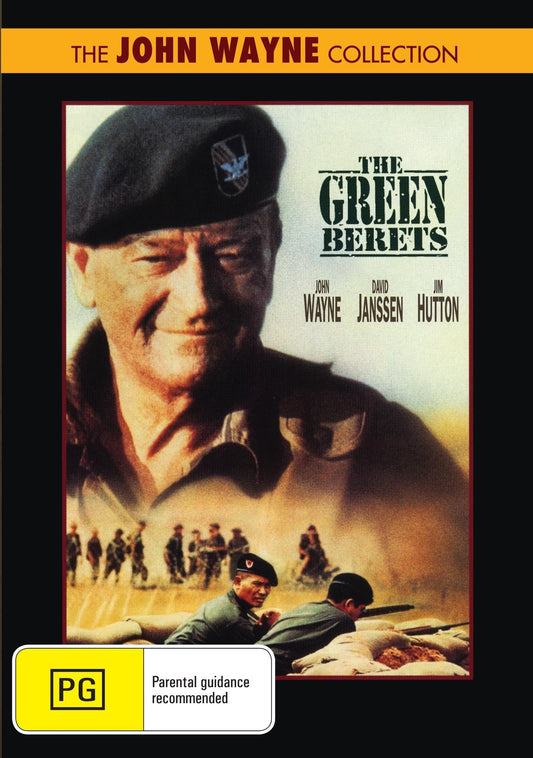 DVD cover of "The Green Berets" featuring John Wayne and David Janssen, showcasing a military war film.