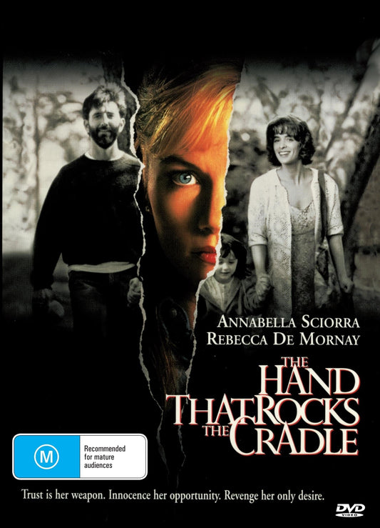 DVD cover of "The Hand That Rocks the Cradle" drama featuring Annabella Sciorra and Rebecca De Mornay, from rareandcollectibledvds.