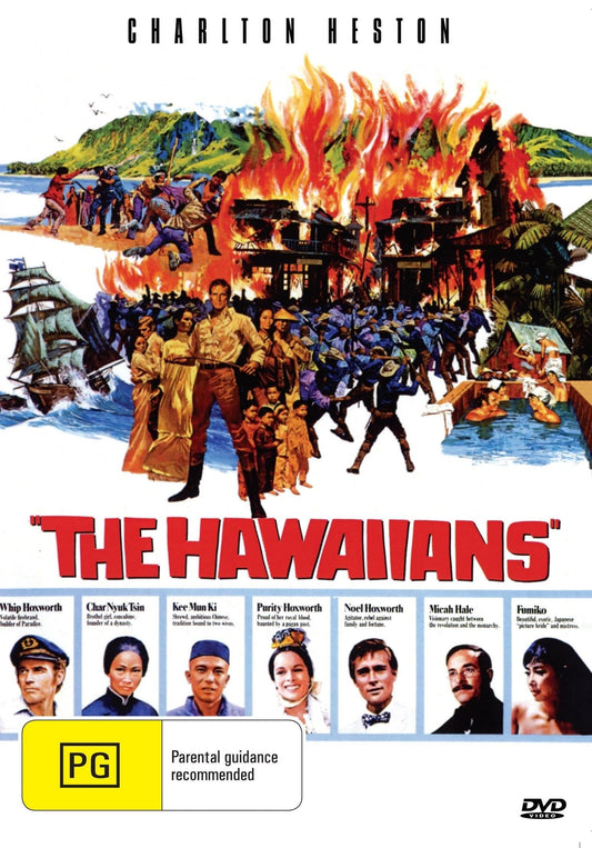 The Hawaiians DVD featuring Charlton Heston and Tina Chen, drama film, with actors in period costumes and tropical scenery.