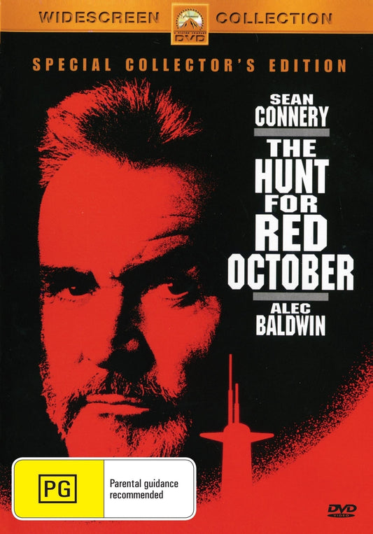 DVD cover of The Hunt for Red October featuring Sean Connery and Alec Baldwin, depicting a spy thriller with submarine imagery.