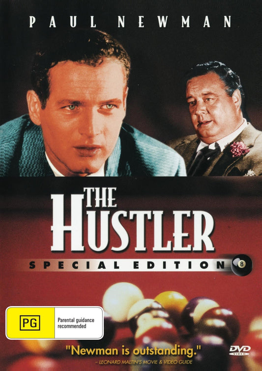 DVD cover for "The Hustler" drama featuring Paul Newman and Jackie Gleason, available from rareandcollectibledvds.