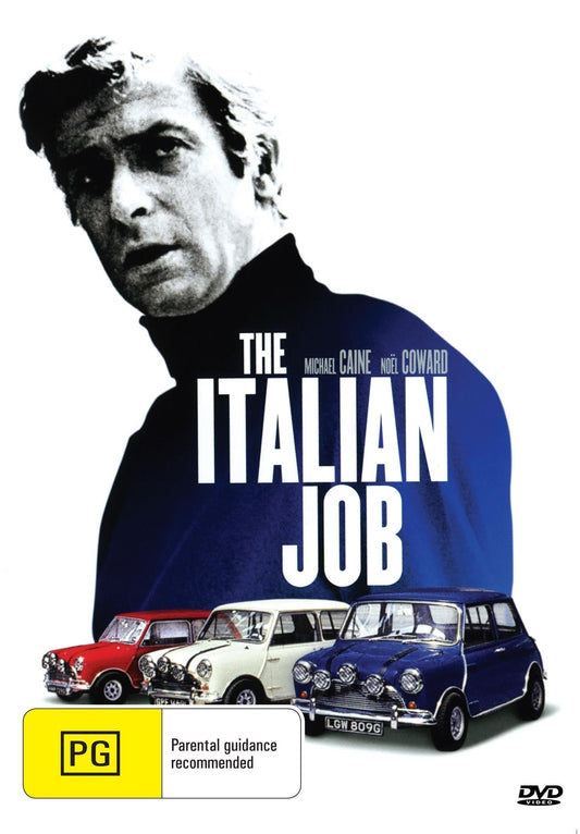 DVD of The Italian Job featuring Michael Caine and Noël Coward, with cover art showing the movie title and actor images.